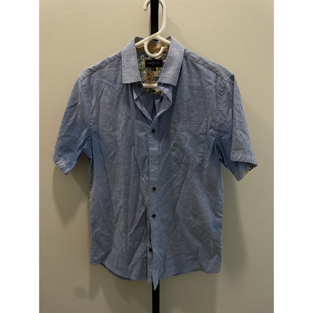 Rue Saint Patrick Short Sleeve Shirt Mens Small Blue Chambray Easy Care Stretch
